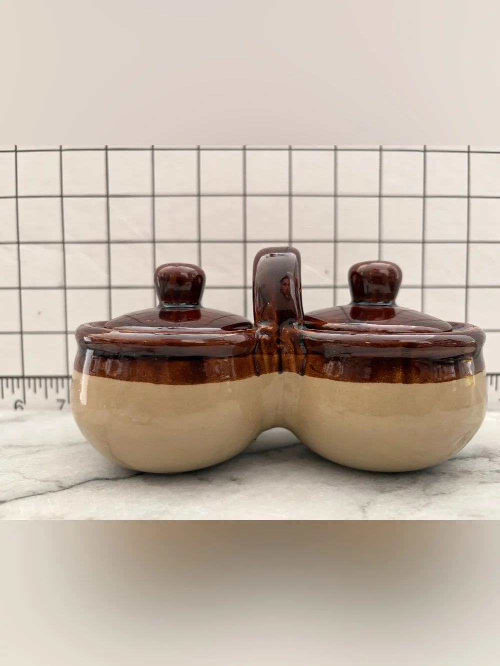 Vintage Brown & Beige Ceramic Double Condiment Jar Set w/ Lids & Spoons